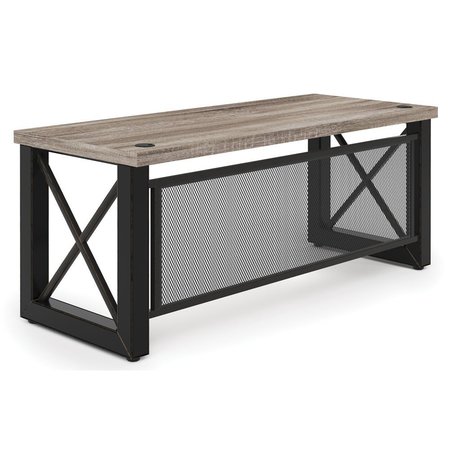 OFFICESOURCE Riveted Collection Industrial Desk with Metal X Base and Metal Mesh Modesty Panel - 71"W HID3071DB